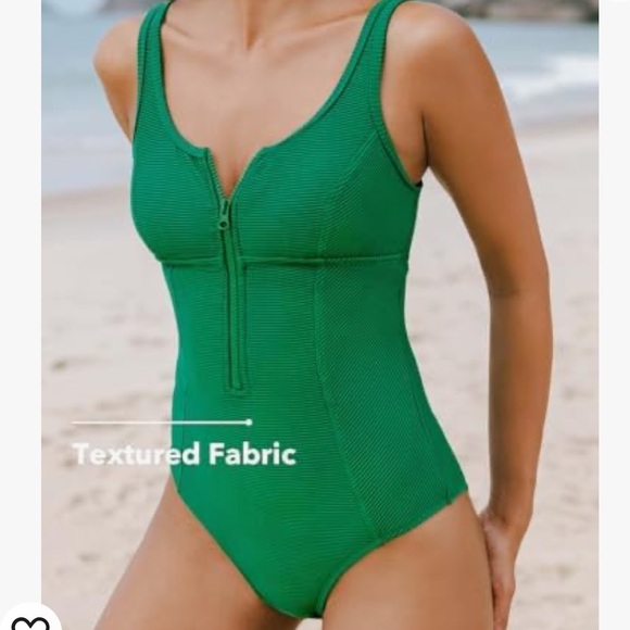 Women's Ribbed Zipper Front Scoop Neck Available in Plus One Piece Swimsuit - Picture 3 of 5